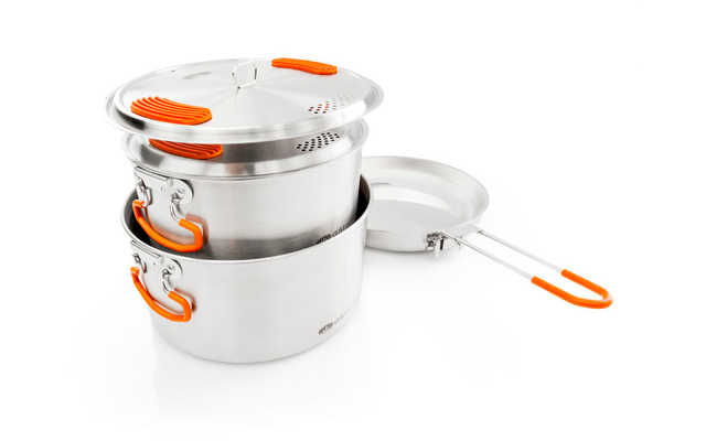 GSI Stainless Base Camper Medium Kochset 6 Teilig 2 Töpfe 2 / 3 Liter Bratpfanne 22,8 Cm 3 GSI Stainless Base Camper Medium Kochset 6 Teilig 2 Töpfe 2 / 3 Liter Bratpfanne 22,8 Cm